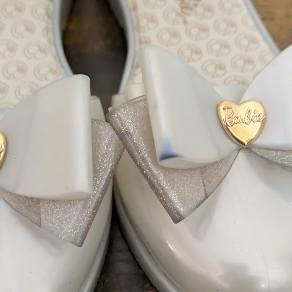 Mini Melissa Barbie Jelly Sandals Metallic White Bow Heart Vegan Big Kid Flats 4
